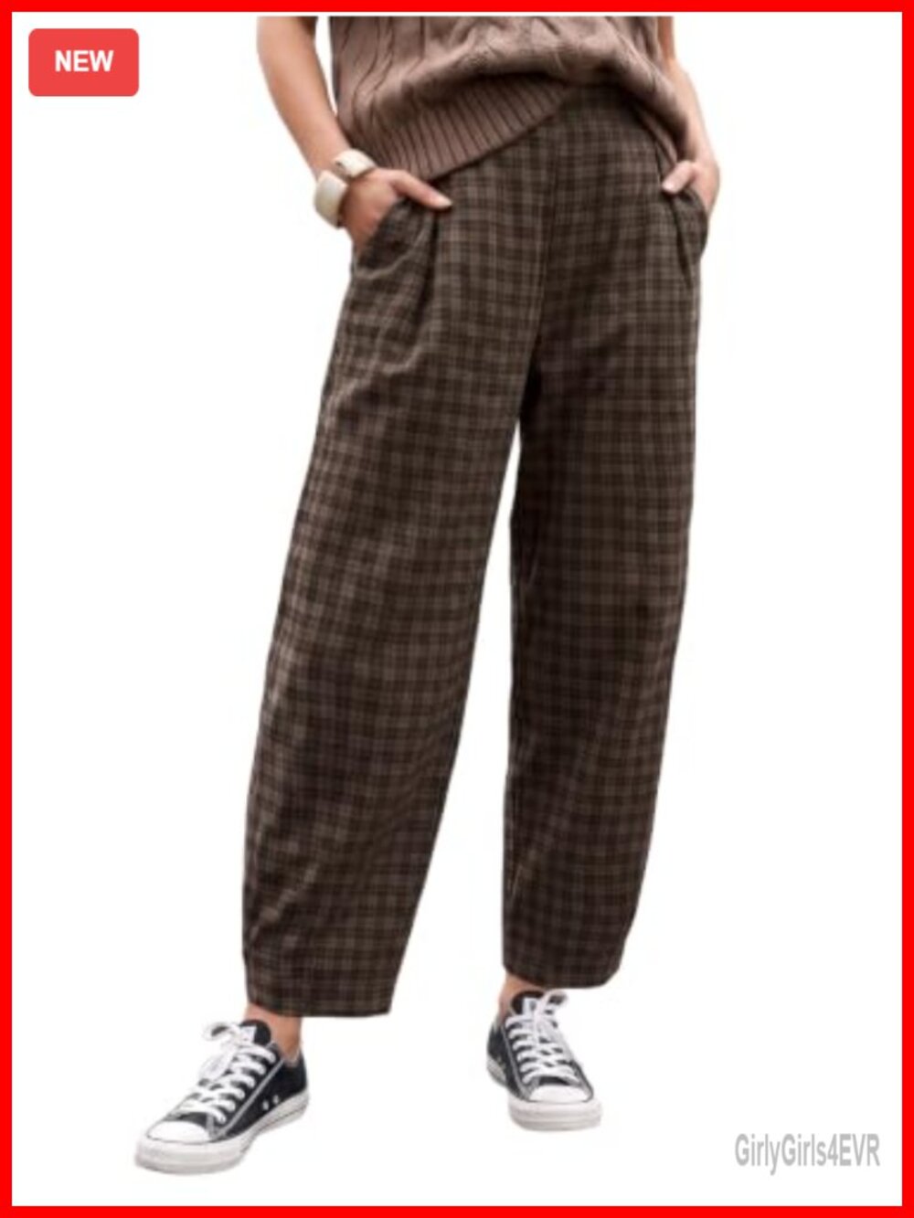 Womens Plaid Barrel Pants Faux Flannel Lounge Gingham Pleated Trousers
